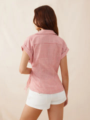Linen-blend Stripes Asymmetrical Tie-front Blouse