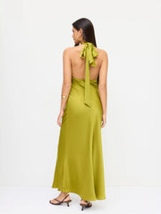 Satin Halter Neckline Metal Detail Backless Maxi Dress