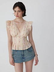 Cotton-blend Stripe Floral V-neck Ruffle Sleeve Lace Trim Blouse