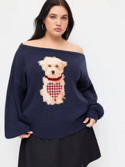 Knit Asymmetrical Neck Puppy Pattern Lantern Sleeve Sweater Curve & Plus