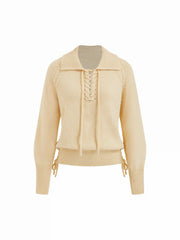 Knit Collar Long Sleeve Lace Up Drawstring Top