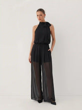 Chiffon Stand Collar Bowknot Straight Leg Jumpsuit
