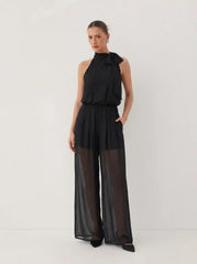 Chiffon Stand Collar Bowknot Straight Leg Jumpsuit