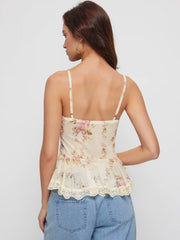 Mesh Floral Sweetheart Neck Lace Trim Peplum Hem Cami Blouse