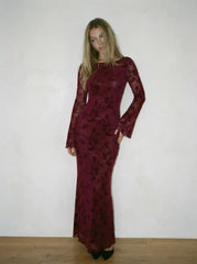 Velvet Boat Neck Floral Lace Backless Tie Back Maxi Dress