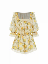 Chiffon Fruit Graphic Square Neck Lantern Sleeve Lace Romper