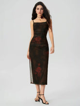 Floral Ruched Mesh Maxi Dress