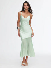 Satin Cowl Neck Ruched Criss Cross Mermaid Maxi Dress