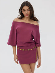 Oversized Off-Shoulder Belted Mini Dress With Chain Detail