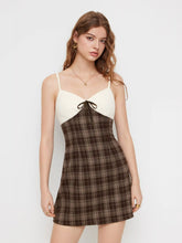 V-neck Plaid Patched Bowknot Cami Mini Dress
