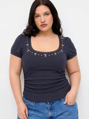Cotton-blend Floral Print Ruched Top Curve & Plus
