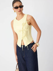 Linen-blend Sweetheart Asymmetrical Bowknot Blazer Vest
