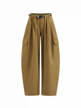 Cotton Low Rise Ruched Barrel-leg Cargo Trousers With Belt