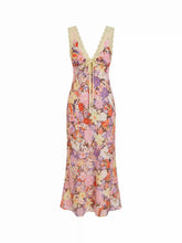 Floral V-neck Lace Trim Tie Front Mermaid Maxi Dress