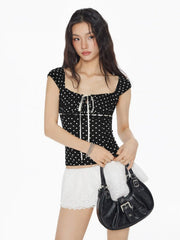 Square Neck Polka Dot Knotted Short Sleeve Top