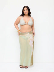 Halter Neckline Geometric Floral Triangle Bikini Set With Sheer Skirt Curve & Plus