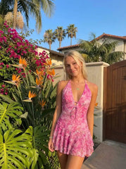 Lace Halter Neckline Floral Layered Mini Dress