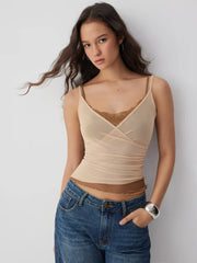 Mesh V-Neck Lace Panel Ruched Cami Top
