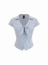 Cotton-blend Gingham Short Sleeve Twist Knotted Blouse