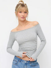Cotton-blend Off-shoulder Lace Trim Ruched Long Sleeve Top