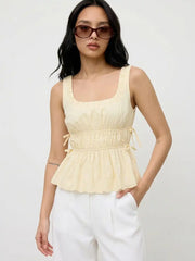 Cotton-blend Square Neck Bowknot Peplum Tank Top