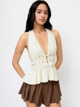 Halter Neckline Ruched Ruffle Hem Top