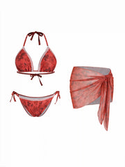Floral Halter Triangle Top & Low Rise Bikini Set With Sarong Curve & Plus