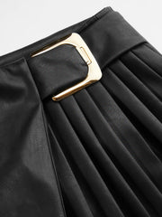Faux Leather Mid Rise Pleated Buckle Mini Skirt