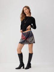 Chiffon Low Rise Aztec Asymmetrical Knotted A-line Mini Skirt