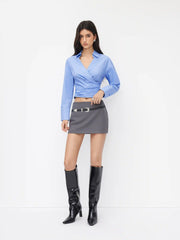 Cotton-blend Collar V-neck Wrap Ruched Cinched Waist Shirt
