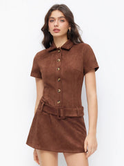 Suede Polo Button Front Belted Mini Dress