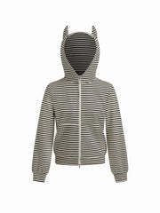 Cotton-blend Stripe Long Sleeve Zip Through Hoodie