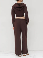 Cotton-blend Solid Ruched Hoodie & Mid Rise Elastic Waist Knotted Straight Leg Trousers Set