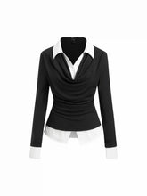 Cowl Neck Two Tone Ruched Long Sleeve Layered Top