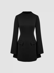 High Neck Solid Long Sleeve Mini Dress