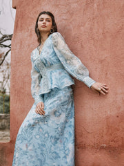 Floral V-neck Lantern Sleeve Lace Panel Peplum Hem Blouse