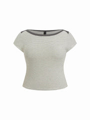 Cotton-blend Striped Boat Neck Short Sleeve Tee Curve & Plus