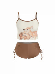 High Stretch Scoop Neck Deer Graphic Tankini Bikini Set Curve & Plus
