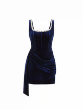 Velvet U-neckline Rhinestone Draped Ruched Corset Mini Dress