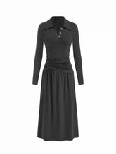 Collar Ruched Metal Button Long Sleeve Maxi Dress