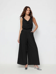 Jersey Cowl Neck Draped High Rise Wide Leg Jumpsuit