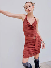 Halter Ruched Belted Solid Mini Dress