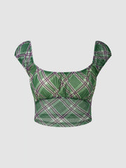 Plaid Square Neck Short Sleeve Blouse