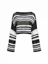 Knit Striped Boat Neck Hollow Out See-through Oversized Crop Top