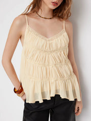 V-neck Lace Trim Asymmetrical Hem Ruched Oversized Cami Blouse
