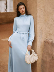Satin Stand Collar Lantern Sleeve Bowknot Flared Maxi Dress