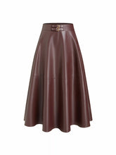 Faux Leather Mid Rise Belted Zipper Midi Skirt
