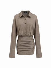 Collar Houndstooth Ruched Zipper Mini Dress