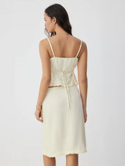 Satin Lace Trim Button Cami Top & Mid Rise Midi Skirt Set