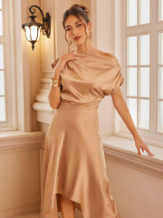 Asymmetrical Boat Neck Ruffle Maxi Dress